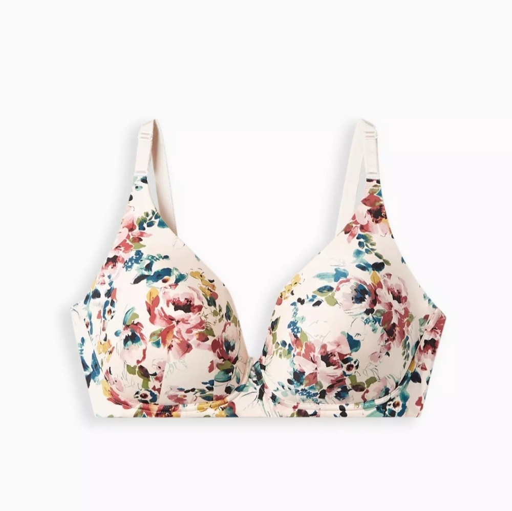 torrid Floral Print T-Shirt Bra in Cream with Pink & Teal Accents